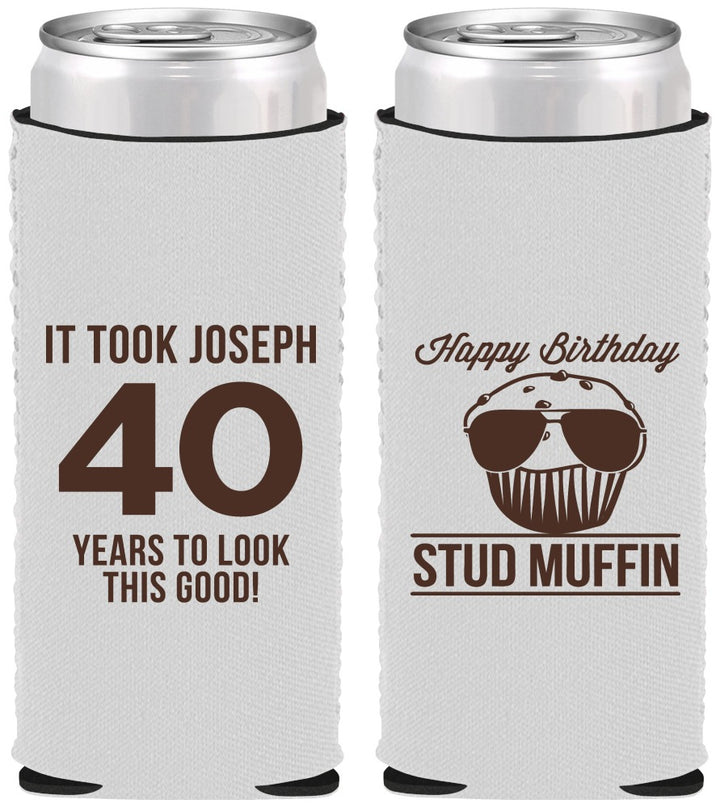 Custom Birthday Neoprene Slim Can Coolers - 40th Stud Muffin | 20183