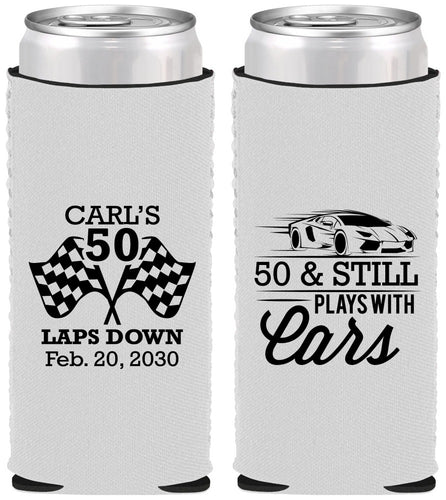 Custom Birthday Neoprene Slim Can Coolers - 50th Race Car | 20187