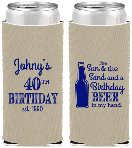 Custom Birthday Neoprene Slim Can Coolers - 40th Sun Sand Beer | 20204