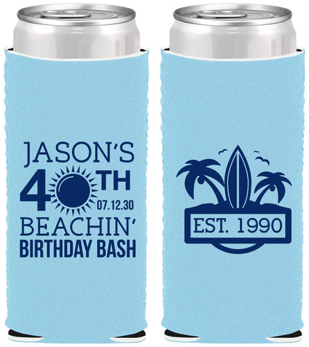 Custom Birthday Neoprene Slim Can Coolers - 40th Beach | 20212
