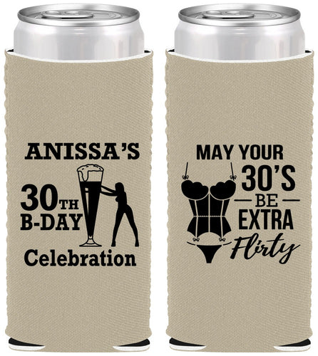 Custom Birthday Neoprene Slim Can Coolers - 30th Flirty At Thirty | 20236