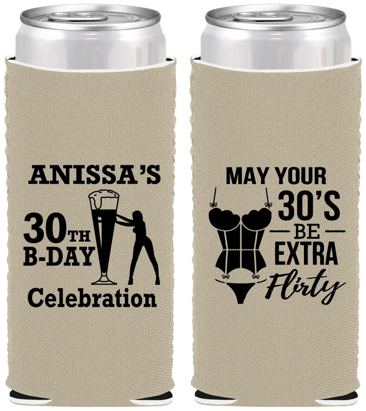 Custom Birthday Neoprene Slim Can Coolers - 30th Flirty At Thirty | 20236