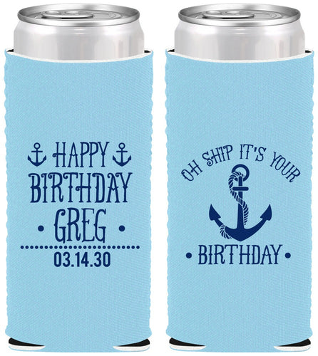 Custom Birthday Neoprene Slim Can Coolers - Oh Ship Nautical | 20238