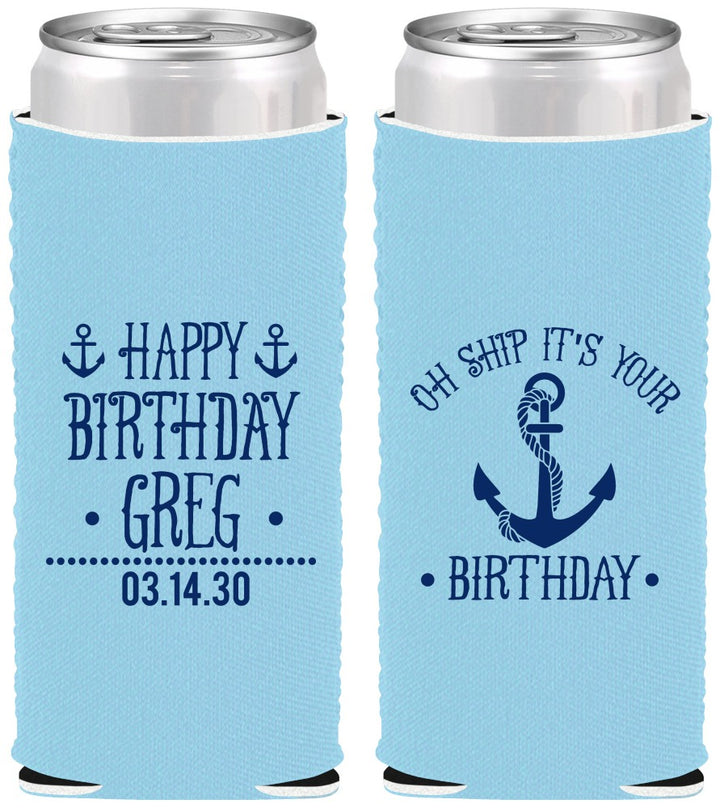 Custom Birthday Neoprene Slim Can Coolers - Oh Ship Nautical | 20238