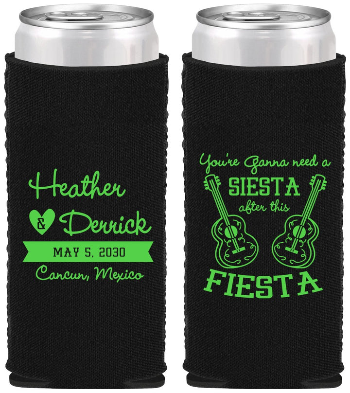 Custom Wedding Neoprene Slim Can Coolers - Siesta Fiesta Mexico | 207