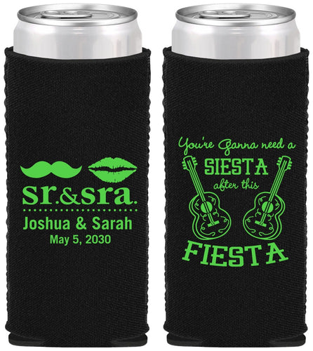 Custom Wedding Neoprene Slim Can Coolers - Siesta Fiesta Sr Sra | 208