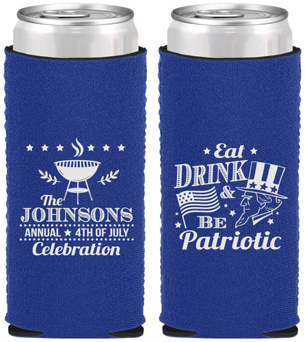 Custom 4th Of July Neoprene Slim Can Coolers - Eat Drink Patriotic | 220003