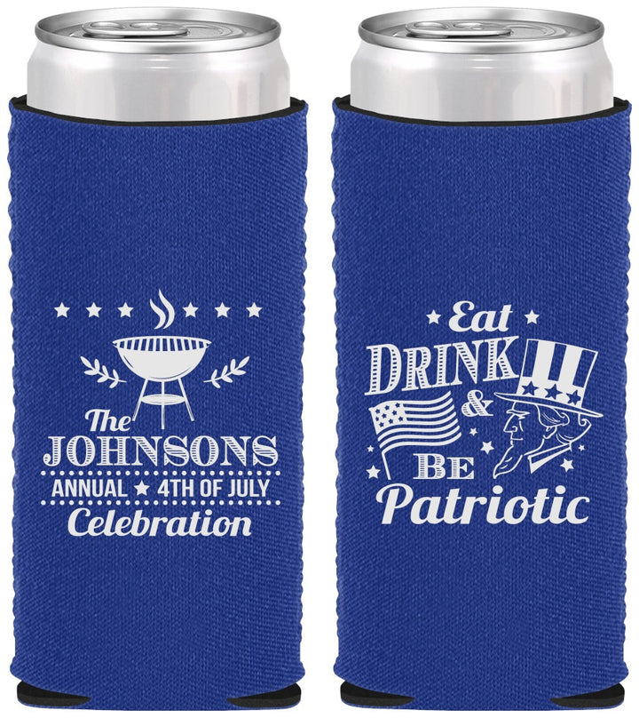 Custom 4th Of July Neoprene Slim Can Coolers - Eat Drink Patriotic | 220003