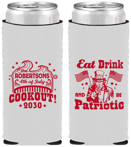 Custom 4th Of July Neoprene Slim Can Coolers - Eat Drink Patriotic | 220004