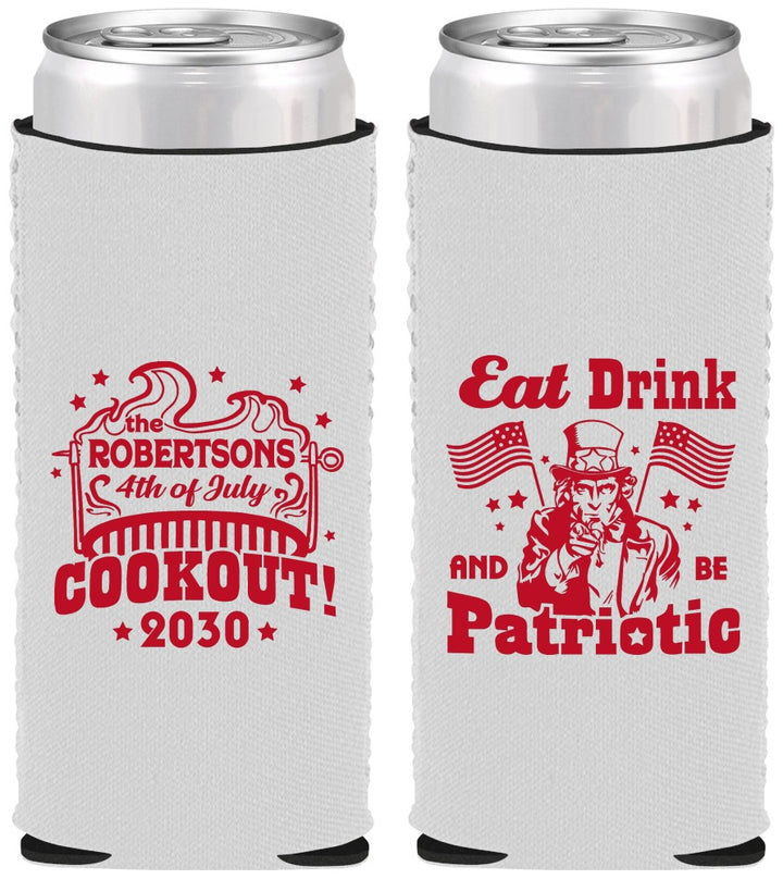 Custom 4th Of July Neoprene Slim Can Coolers - Eat Drink Patriotic | 220004