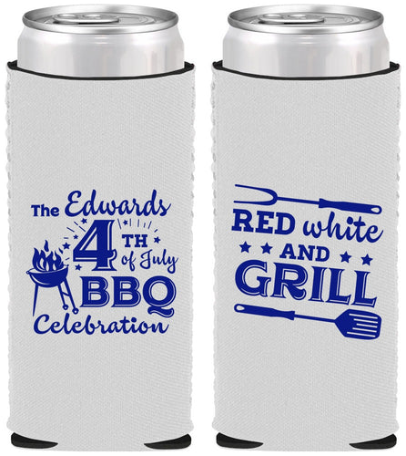Custom 4th Of July Neoprene Slim Can Coolers - Red White Grill | 220005