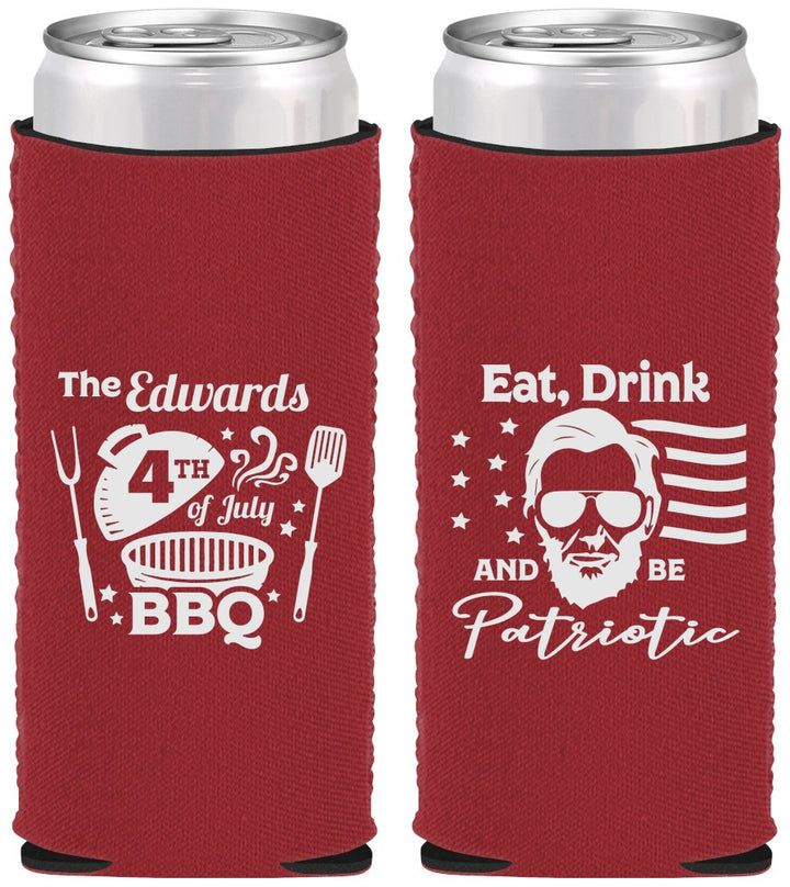 Custom 4th Of July Neoprene Slim Can Coolers - Eat Drink Patriotic | 220006