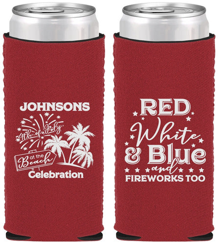 Custom 4th Of July Neoprene Slim Can Coolers - Beach Fireworks | 220022