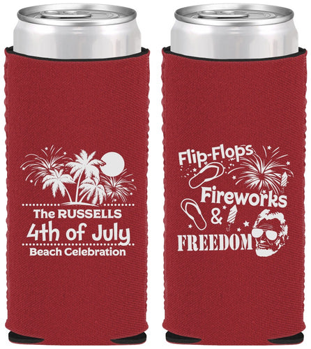 Custom 4th Of July Neoprene Slim Can Coolers - Fireworks Beach | 220026