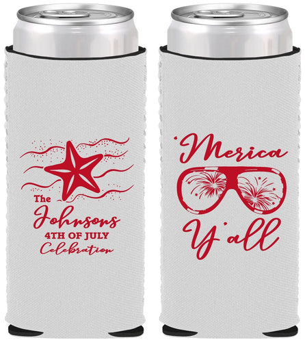 Custom 4th Of July Neoprene Slim Can Coolers - Beach Merica Yall | 220028