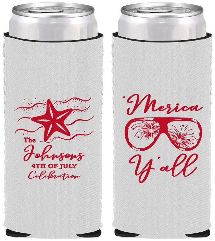 Custom 4th Of July Neoprene Slim Can Coolers - Beach Merica Yall | 220028