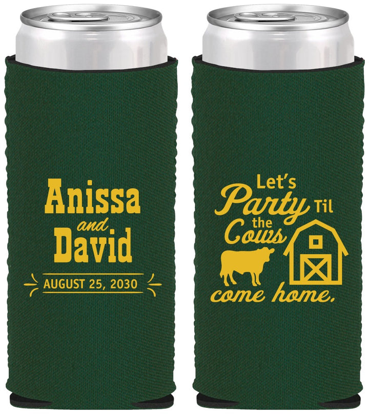 Custom Wedding Neoprene Slim Can Coolers - Party Til The Cows Come Home | 222