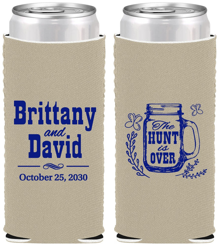Custom Wedding Neoprene Slim Can Coolers - The Hunt Is Over Mason Jar | 223
