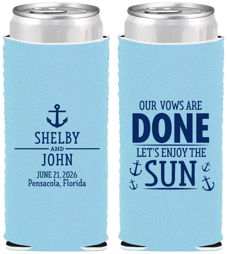 Custom Wedding Neoprene Slim Can Coolers - Vows Are Done Nautical | 228