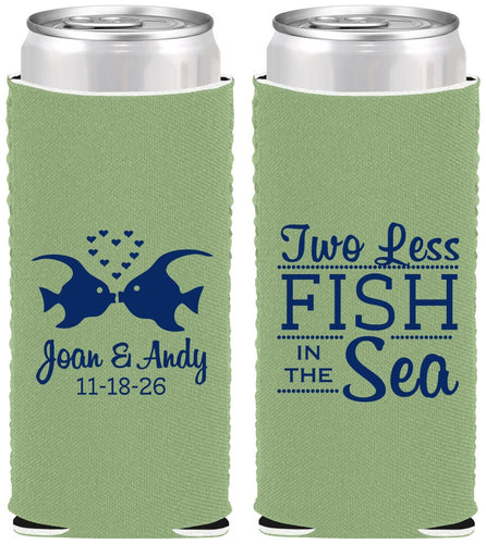 Custom Wedding Neoprene Slim Can Coolers - Two Less Fish In The Sea | 231