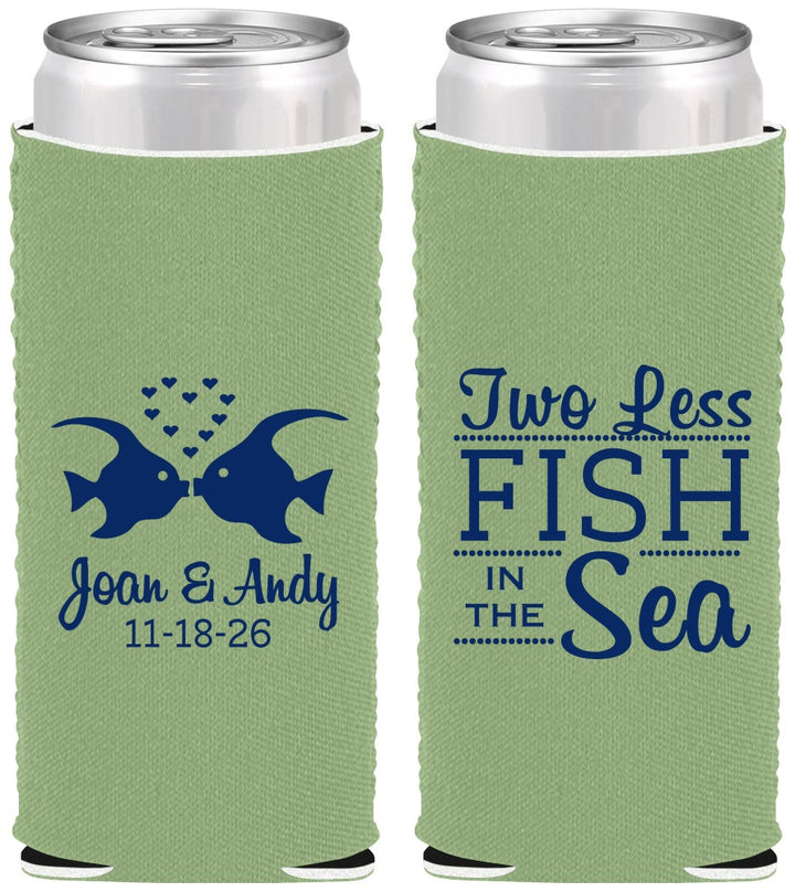 Custom Wedding Neoprene Slim Can Coolers - Two Less Fish In The Sea | 231