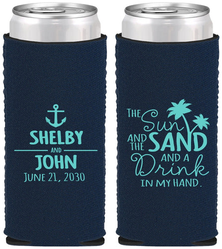 Custom Wedding Neoprene Slim Can Coolers - Sun Sand Drink In My Hand | 233