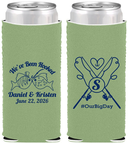 Custom Wedding Neoprene Slim Can Coolers - Been Hooked Fishing | 238