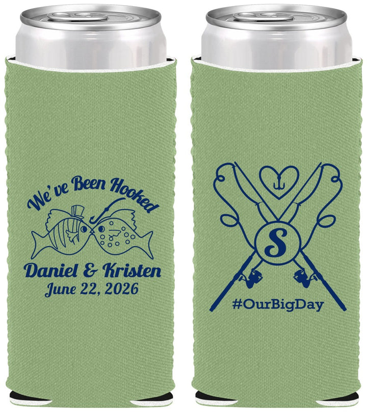 Custom Wedding Neoprene Slim Can Coolers - Been Hooked Fishing | 238