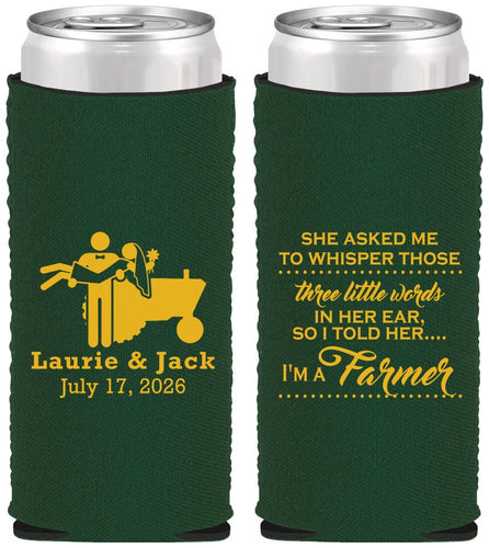 Custom Wedding Neoprene Slim Can Coolers - Farmer Tractor | 244