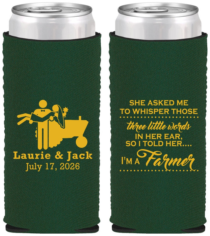 Custom Wedding Neoprene Slim Can Coolers - Farmer Tractor | 244