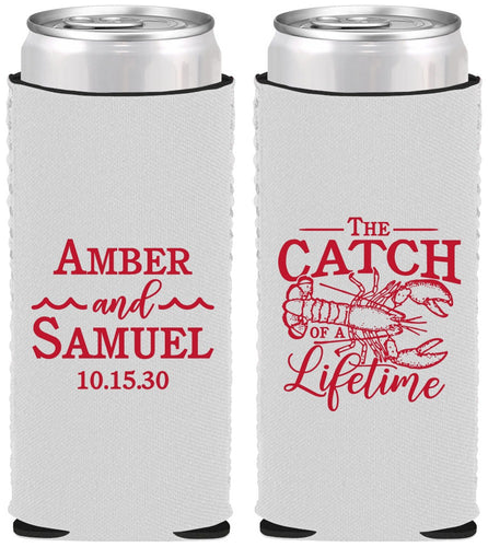 Custom Wedding Neoprene Slim Can Coolers - Catch Of A Lifetime Lobster | 245