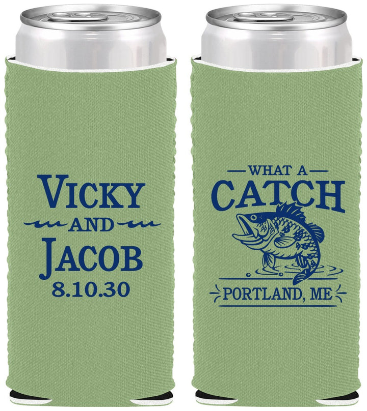 Custom Wedding Neoprene Slim Can Coolers - What A Catch Fish | 247