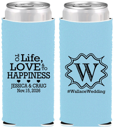 Custom Wedding Neoprene Slim Can Coolers - Life Love Happiness | 248
