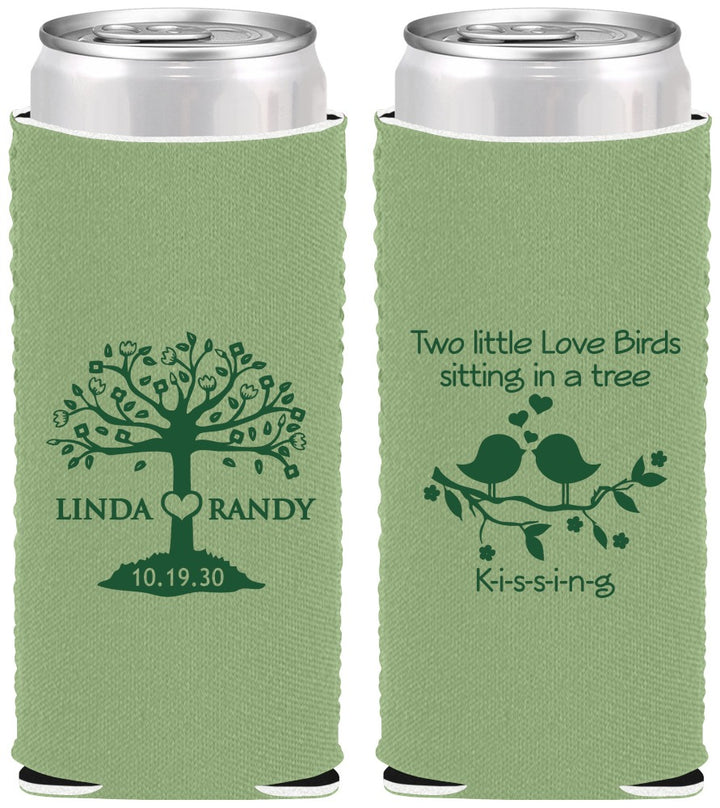 Custom Wedding Neoprene Slim Can Coolers - Two Little Love Birds | 249