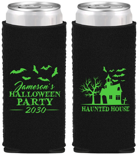 Custom Halloween Neoprene Slim Can Coolers - Haunted House | 250006