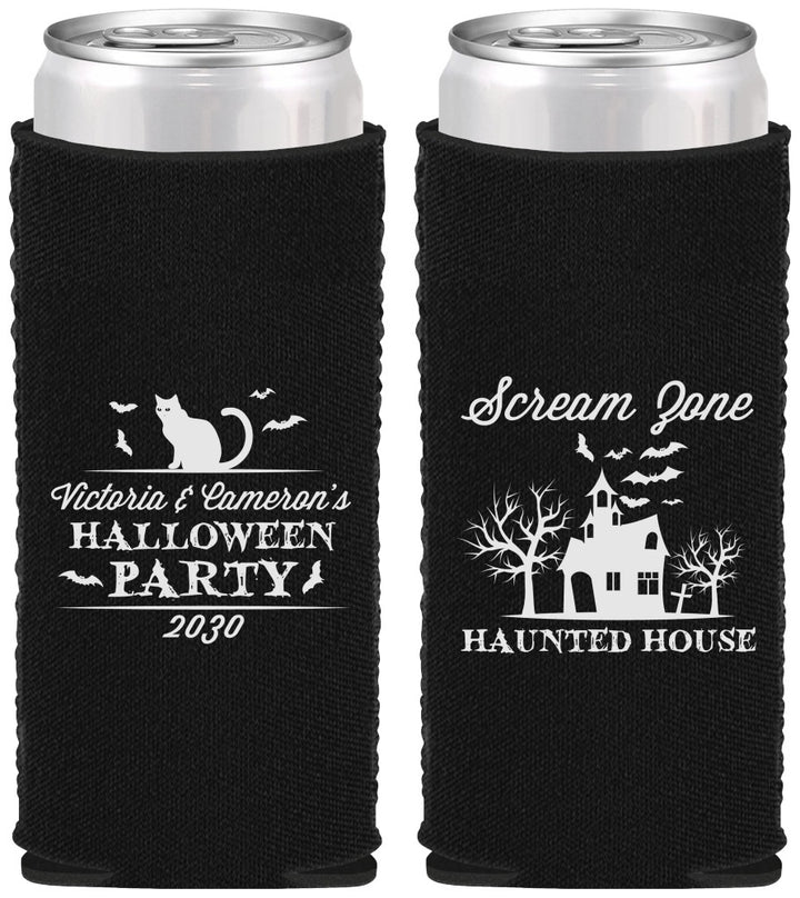 Custom Halloween Neoprene Slim Can Coolers - Haunted House | 250071