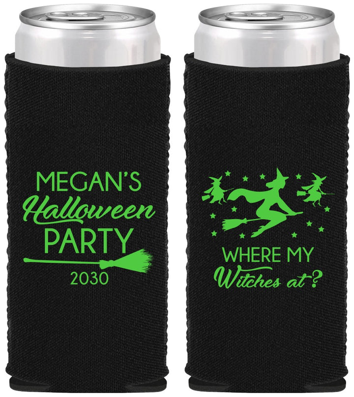 Custom Halloween Neoprene Slim Can Coolers - Where My Witches At | 250086