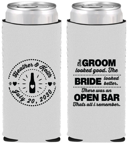 Custom Wedding Neoprene Slim Can Coolers - Groom Bride Open Bar | 253