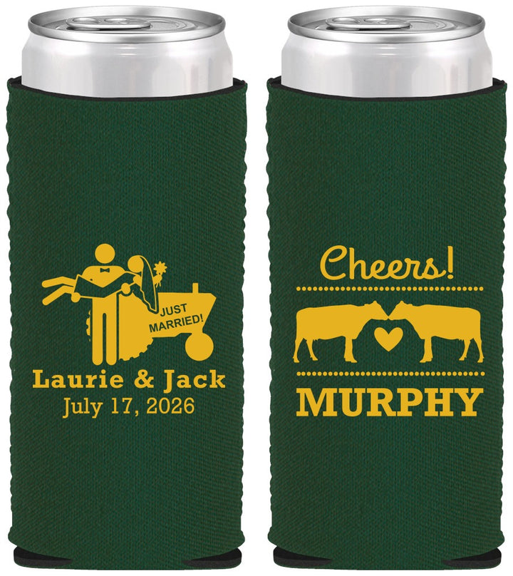 Custom Wedding Neoprene Slim Can Coolers - Tractor Cows | 257