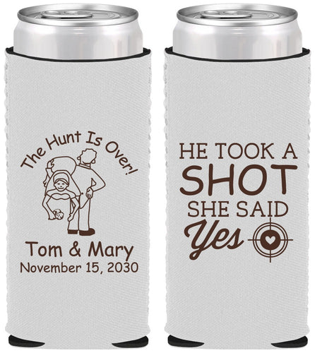 Custom Wedding Neoprene Slim Can Coolers - He Took A Shot She Said Yes | 259