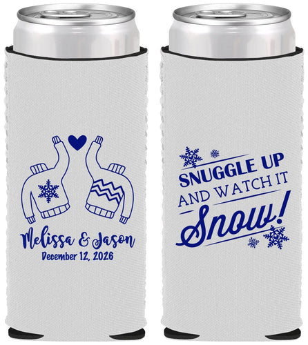 Custom Wedding Neoprene Slim Can Coolers - Christmas Snow | 268