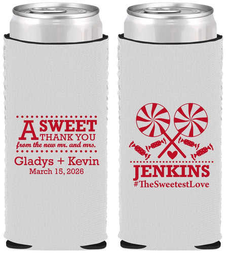 Custom Wedding Neoprene Slim Can Coolers - Sweet Thank You | 269