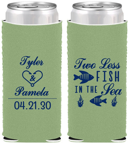Custom Wedding Neoprene Slim Can Coolers - Two Less Fish In The Sea | 270