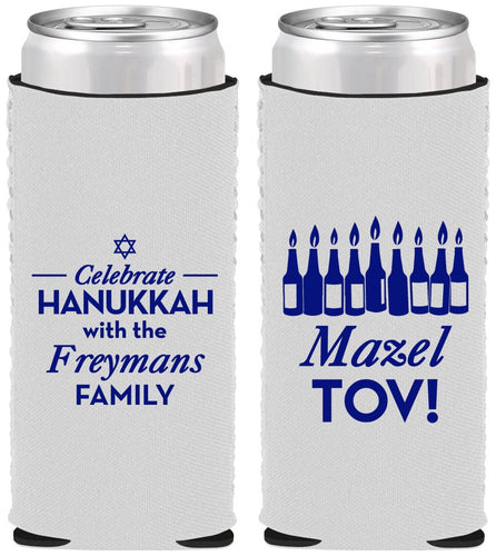 Custom Hanukkah Neoprene Slim Can Coolers - Mazel Tov | 270025