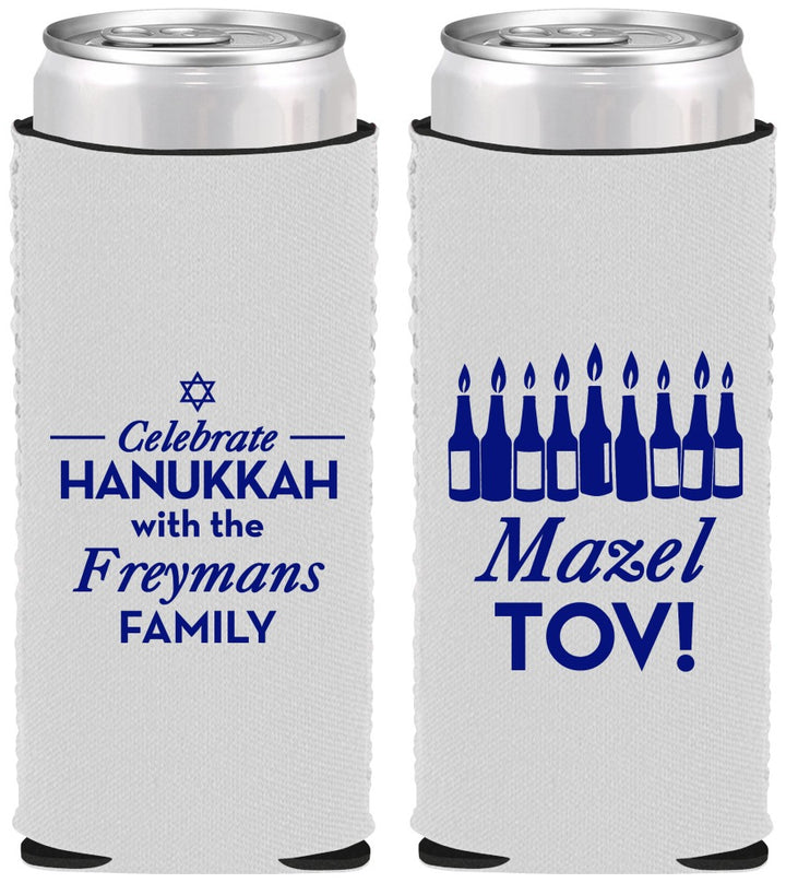 Custom Hanukkah Neoprene Slim Can Coolers - Mazel Tov | 270025