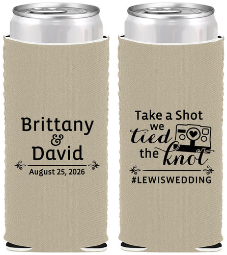 Custom Wedding Neoprene Slim Can Coolers - Take A Shot We Tied The Knot | 277