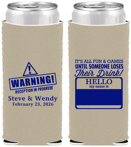Custom Wedding Neoprene Slim Can Coolers - Hello My Name Is | 280