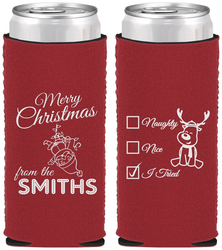 Custom Christmas Neoprene Slim Can Coolers - Naughty Or Nice | 280004