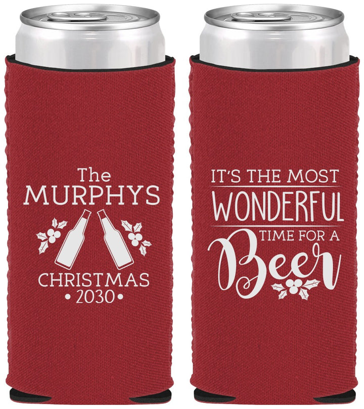 Custom Christmas Neoprene Slim Can Coolers - Wonderful Time For A Beer | 280012