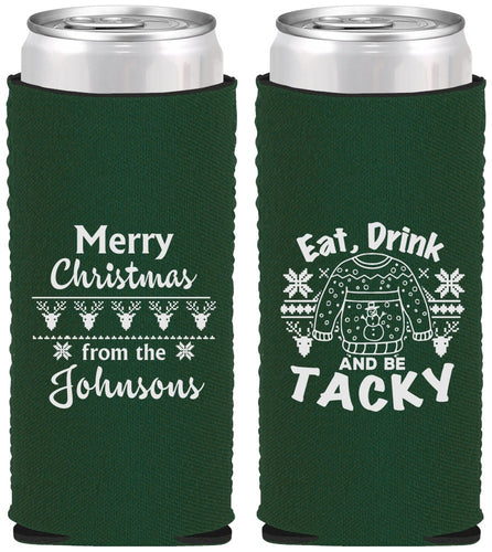 Custom Christmas Neoprene Slim Can Coolers - Eat Drink Tacky | 280081